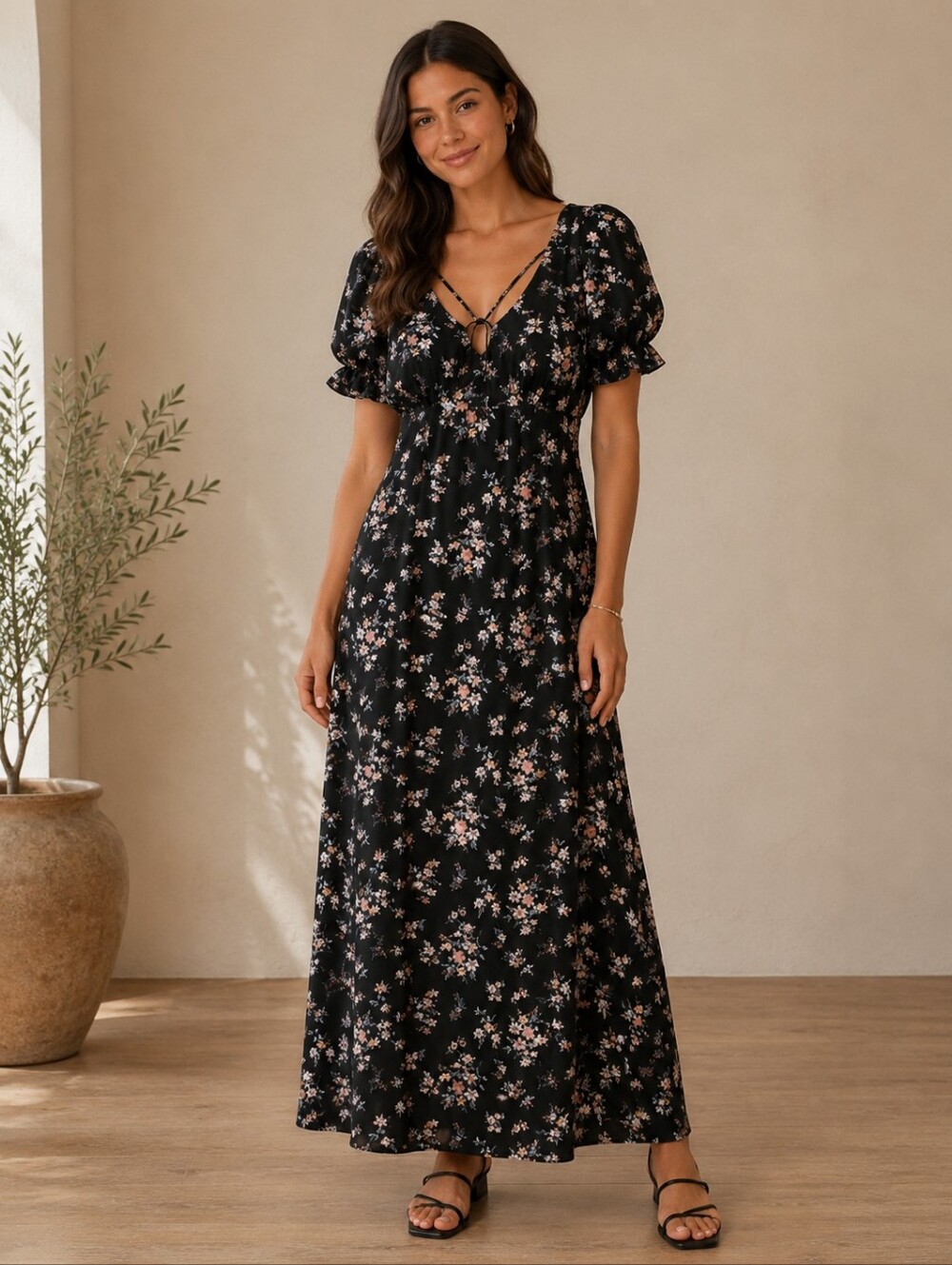 Inspired Hearts Black Floral Maxi with Puff Sleeves